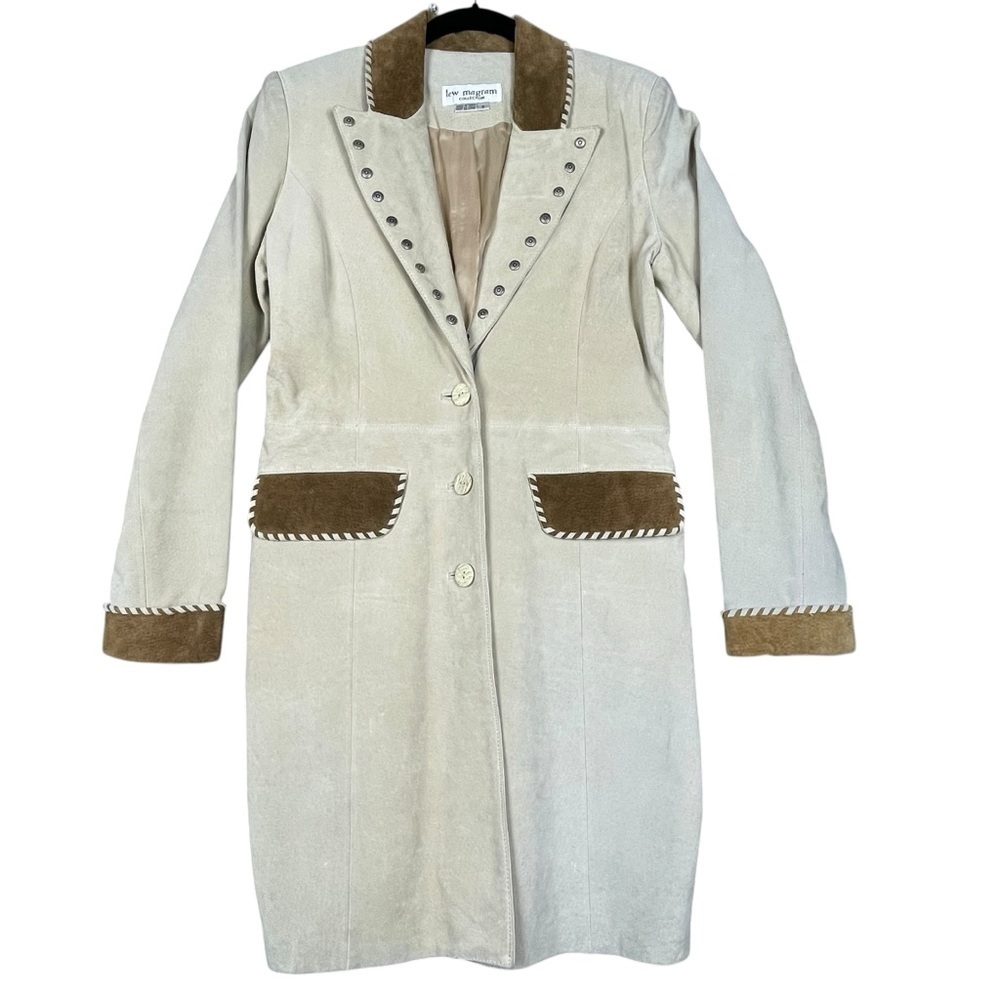 Vtg Lew Margam Leather Suede Western Aspen Whipstitch Studs Mid-Length Coat-Sz 8